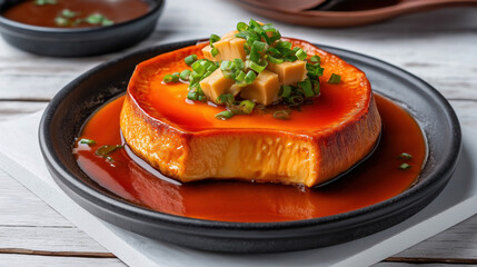 Wall Mural - Traditional Japanese food Chawanmushi. It is a savory egg custard dish topped with cubes of bamboo shoots and garnished with green onions, served in a black dish with a soy-based sauce.