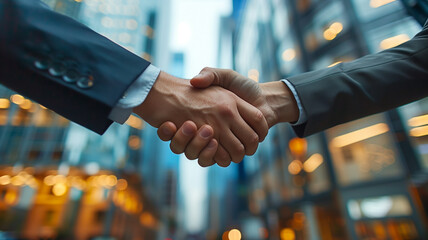 A closeup powerful handshake between two businessmen in a bustling financial district.