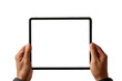 © GraysonStock - Hands touching blank screen of black tablet computer, isolated on white background