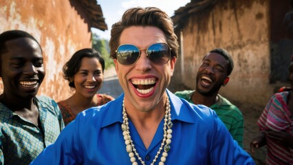 Canvas Print - A man with sunglasses and a blue shirt smiling at the camera, AI