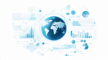 A digital infographic with a globe, graphs, and statistical data representing global financial trends, displayed on a light blue and white background