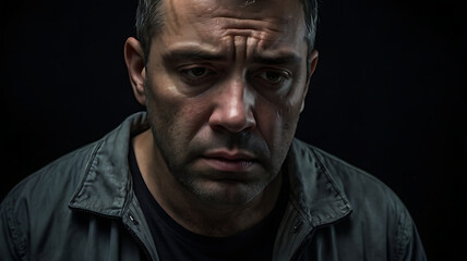 man suffering from depression looking down on black background