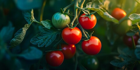 Wall Mural - Fresh tomatoes picked from the bush, garden fresh ripe red tomatoes freshly