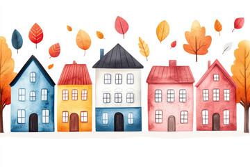 Poster - Colorful autumn watercolor houses surrounded by falling leaves and trees, representing the cozy and festive atmosphere of fall