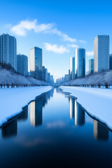 Sticker - Snow-covered cityscape with high-rise buildings reflected in a calm river, illustrating winter urban serenity and symmetry