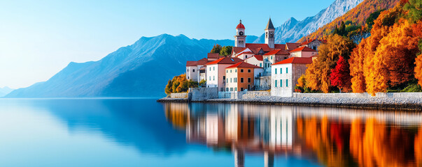 Sticker - Scenic autumn landscape of a charming coastal town with colorful foliage, reflecting on the tranquil lake in Europe