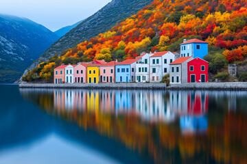 Colorful houses with autumn foliage reflect in a serene lake, symbolizing tranquil fall getaways in a scenic European village