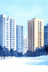 Sticker - Watercolor painting depicting tall residential skyscrapers in a snow-covered city landscape, representing urban winter scenery