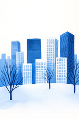 Canvas Print - Winter cityscape with modern skyscrapers and bare trees against a snowy backdrop, evoking a calm urban winter scene