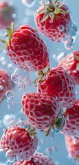 Wall Mural - Fresh pink strawberries falling into water with splashes and bubbles in a vibrant, refreshing scene