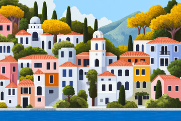 Sticker - Scenic Mediterranean village with colorful houses and lush greenery by the blue sea, perfect for travel and summer holiday concepts