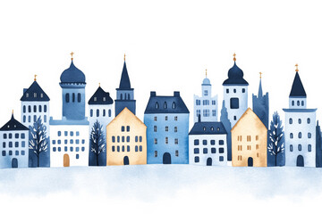 Wall Mural - Watercolor illustration of traditional European cityscape, capturing winter holiday spirit with festive decorated buildings and snowy streets