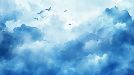 Poster - Blue and white watercolor of cloudy sky as background on textured paper. The painting evokes a sense of calm