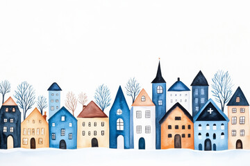 Sticker - Whimsical watercolor illustration of a snow-covered pastel village, perfect for celebrating the Christmas holiday and winter season