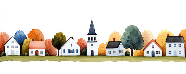 Wall Mural - Watercolor illustration of a charming autumn village with colorful trees, perfect for Thanksgiving or fall-themed designs