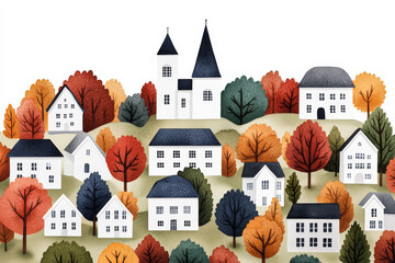 Wall Mural - Charming autumnal village with colorful foliage, celebrating the beauty of fall and the essence of small-town living