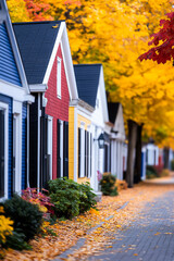 Sticker - Charming row of colorful houses with autumn foliage, ideal for fall-themed content or seasonal neighborhood imagery