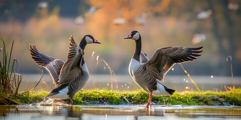 Wall Mural - geese pair defending territory against intruders, wildlife, birds, territorial, pairing, geese