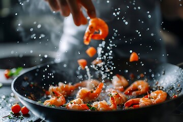 Chef cooking seafood stir fry in a pan in the kitchen