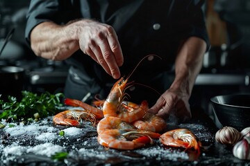 Wall Mural - Chef cooking seafood stir fry in a pan in the kitchen