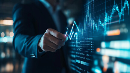 Wall Mural - Professional setting with a businessman displaying AI-enhanced financial projections, holding a digital arrow icon with graph indicators