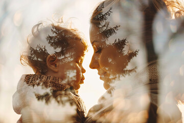 Wall Mural - Double exposure photo of a mother, her child, and nature, depicting the concept of motherhood