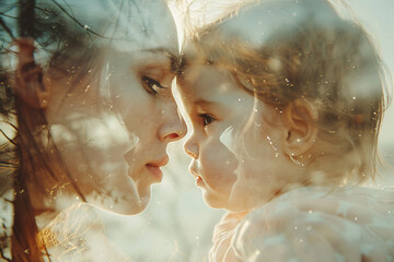 Wall Mural - Double exposure photo of a mother, her child, and nature, depicting the concept of motherhood