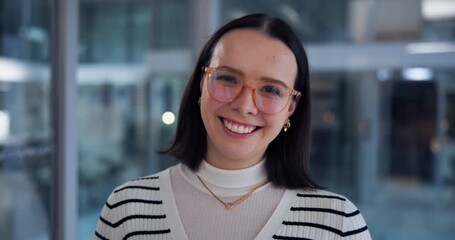 Aufkleber - Woman, smile and night in office for portrait, business and career success at glass. Female programmer, proud and happy in company for growth, software development and website design in Australia