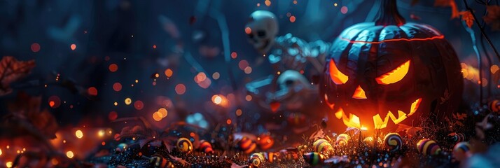 Wall Mural - Close up Halloween night scene with illuminated jack o lantern pumpkins candy and skeleton