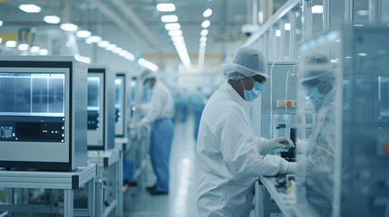 Skilled workers in lab coats and masks assembling electronic devices in a high-tech factory.