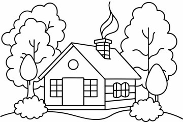 Wall Mural - Coloring book pages for kids, A cozy cabin colorful autumn trees surrounding it vector illustration