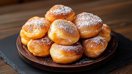 Sticker - Traditional Polish food Paczki, which are round, filled doughnuts dusted with powdered sugar. They are typically filled with sweet fillings such as custard or fruit preserves.