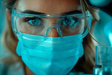 Close up of A female scientist analyzing samples under a microscope in a biochemistry, chemistry, health research and development laboratory.