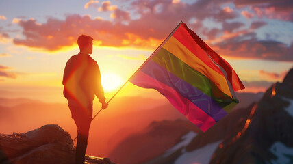 Homosexual boy holds a rainbow flag by the sunset with a stunning view over the mountains