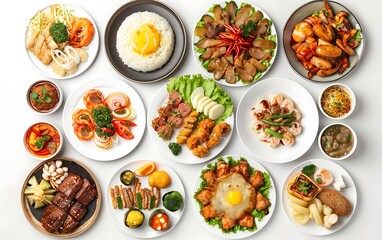 Big set of different meals on a white background. Top view.