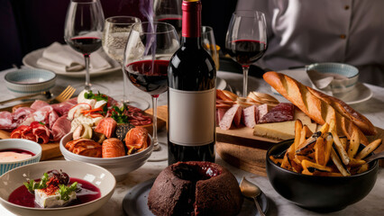 Wall Mural - A table with a bottle of wine and various types of food, AI