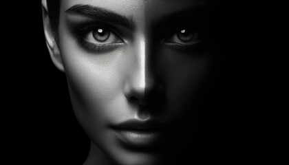 Intriguing Gaze: A captivating black and white portrait of a woman's face, bathed in soft light, her piercing gaze draws the viewer in. The dramatic contrast and subtle shadows create a mysterious