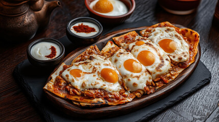 Traditional Turkish food menemen lavash topped with sunny-side-up eggs, cooked in a tomato and pepper sauce, served with yogurt and spices, on a wooden platter.