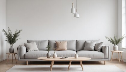 Minimal interior design in Scandinavian style indoor living room with sofa coffee table and vases on big light wall. Mock up template copy space for text created with generative ai