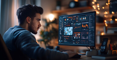 A man is sitting in front of a computer monitor, looking at the screen intently