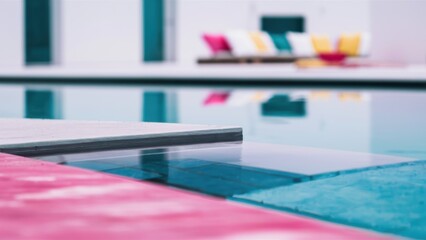 Poster - A pool with a blue and white striped diving board, AI