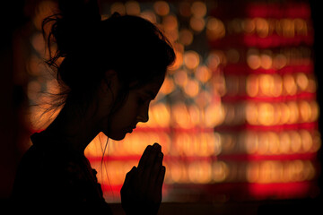 Wall Mural - The silhouette of a young woman praying in front of an American flag