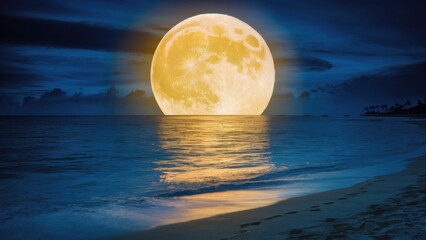 Sticker - A full moon over the ocean with a beach and water, AI