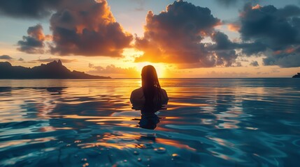 Wall Mural - Silhouette of a woman swimming towards a vibrant sunset