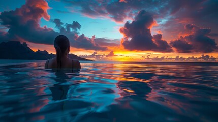 Wall Mural - Woman enjoying the brilliant sunset in the infinity pool