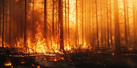 Wall Mural - Aftermath of a forest fire Charred trees following a wildfire with heavy smoke and pollution