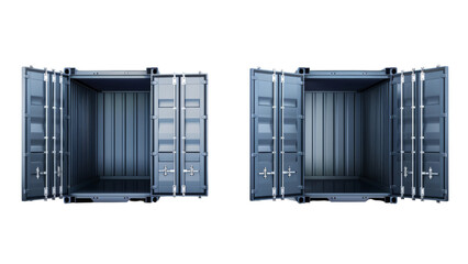 A realistic set of open and closed metal cargo containers, isolated, PNG File