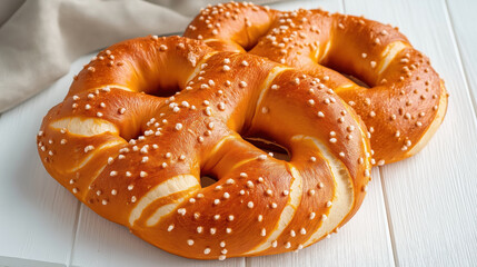 Wall Mural - Traditional German food pretzel. Two large, golden-brown pretzels with coarse salt on a white surface.