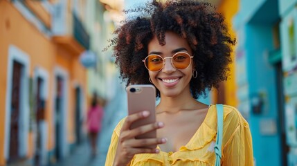 Wall Mural - lifestyle portrait of joyful black woman with phone in city