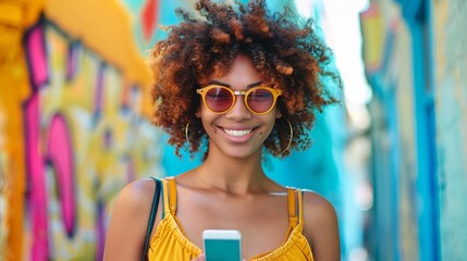 Wall Mural - lifestyle portrait of joyful black woman with phone in city